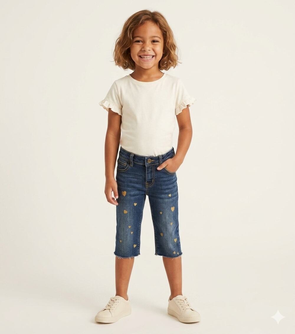 RuffleButts Toddler Kid Girl 6 Gold Heart Medium Wash Denim Capri Crop Jeans